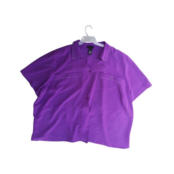 MAGGIE BARNES Plus Size 5X 34 36W Solid Purple Button Down Collar Top - Picture 1 of 4